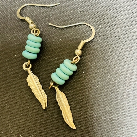Southwestern Style Artisan Silver Feather, Turquoise Dangle Earrings - Picture 1 of 3
